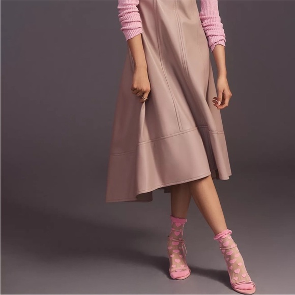 Maeve Beige V-Neck Faux Leather Midi Dress - Picture 4 of 8